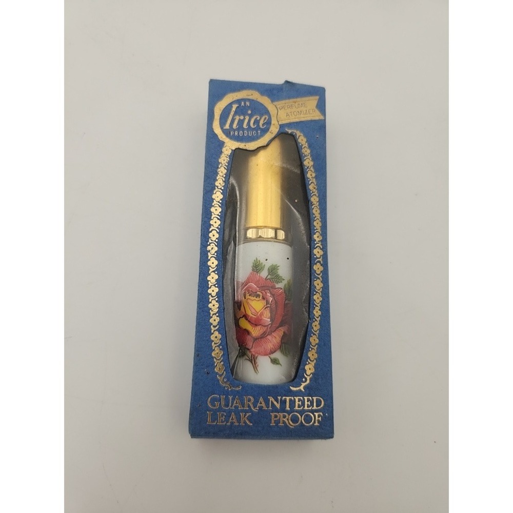 Vintage Irice Milk Glass Rose Perfume Atomizer Gold Cap Purse Size with Box